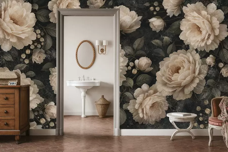 Fototapet Voluminösa blommor i beige färgskala på mörk bakgrund w05114