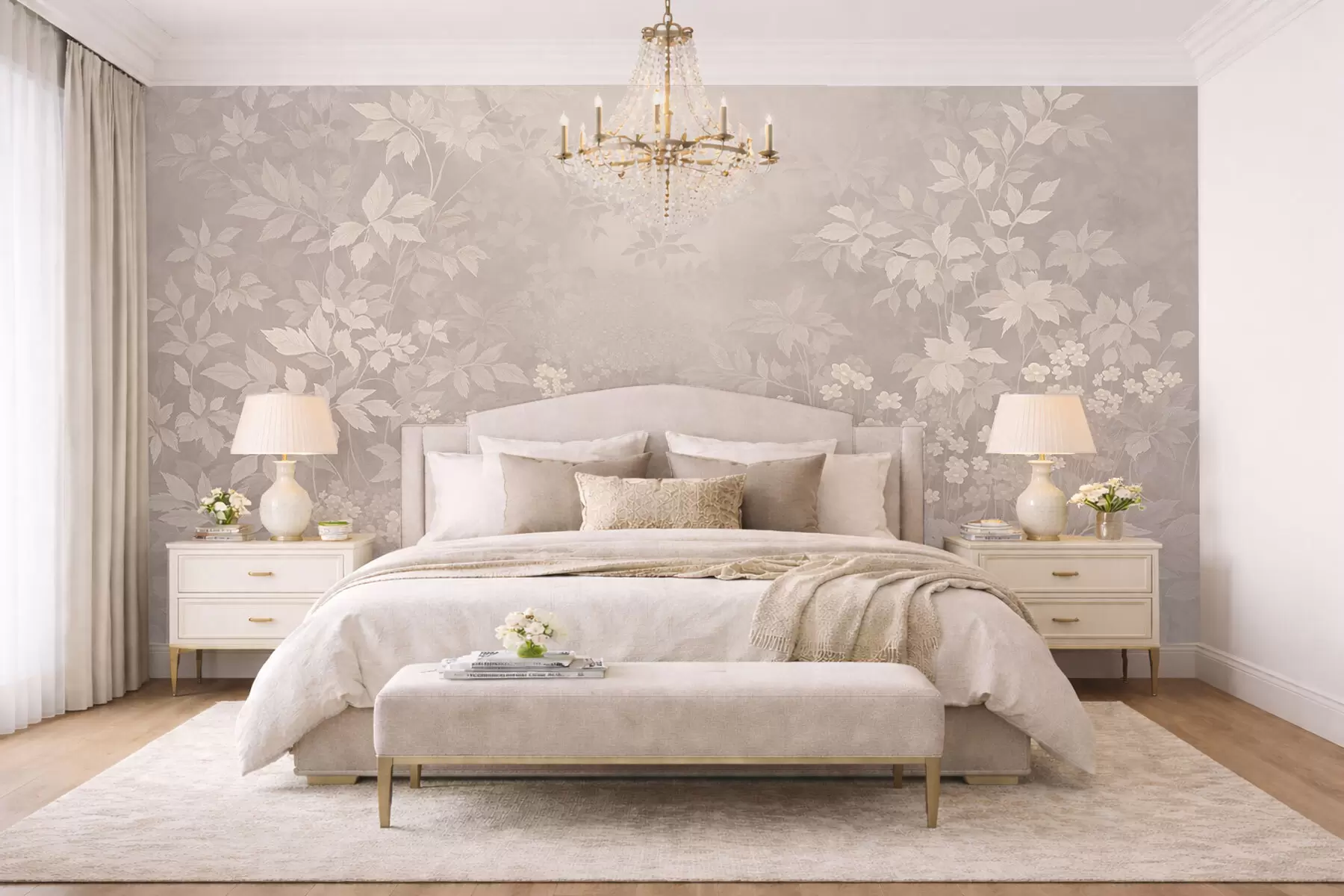 Fototapet Lätt botaniskt ornament med blad och små blommor w05115