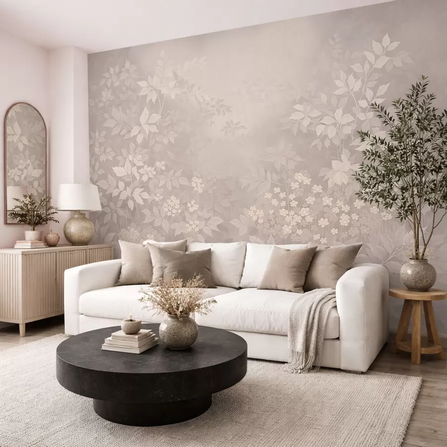 Fototapet Lätt botaniskt ornament med blad och små blommor w05115