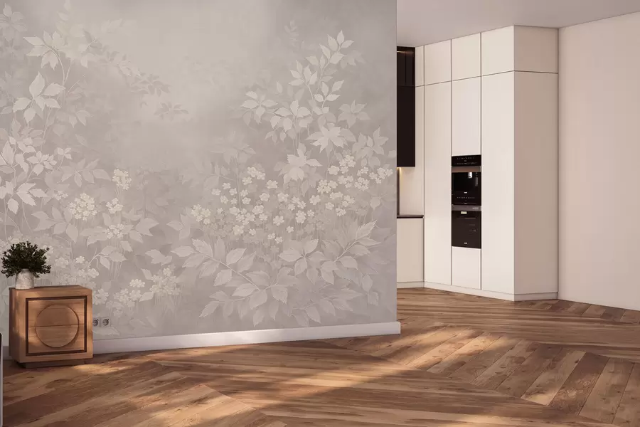 Fototapet Lätt botaniskt ornament med blad och små blommor w05115