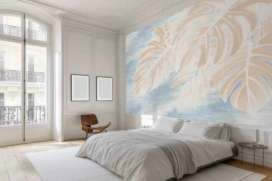 Fototapet Abstrakta blad i varma beige toner på en ljus bakgrund w05130