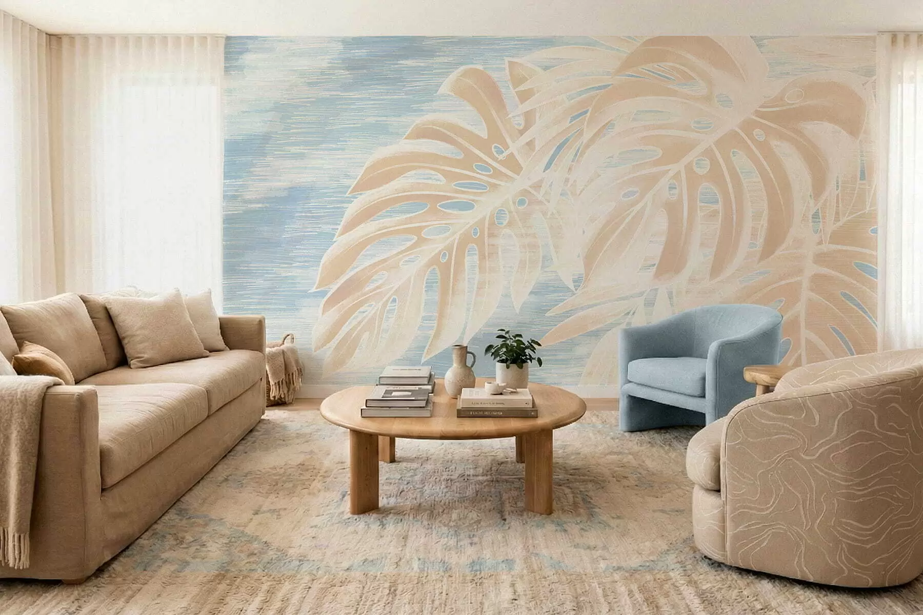 Fototapet Abstrakta blad i varma beige toner på en ljus bakgrund w05130