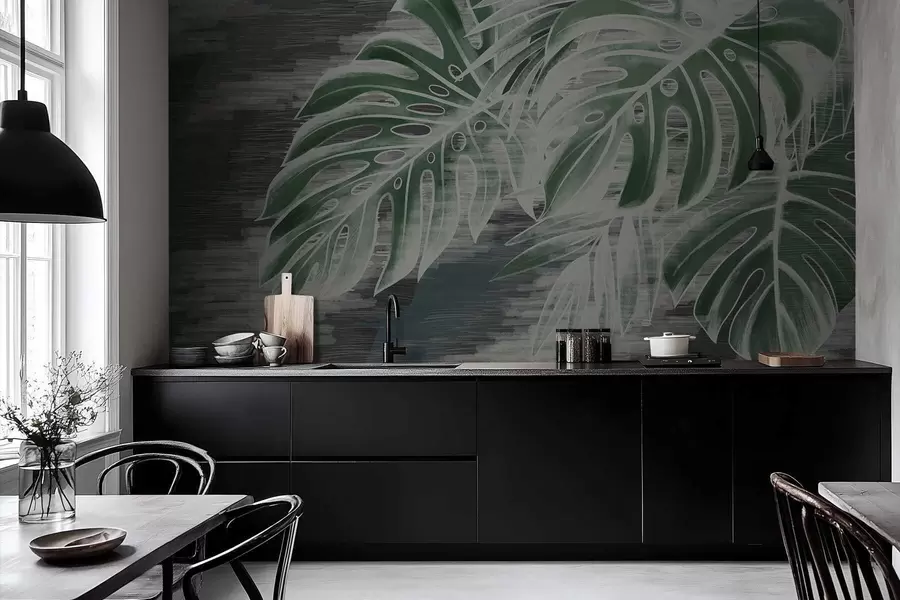 Fototapet Mörkgröna blad på en strukturerad mörk bakgrund w05130v4