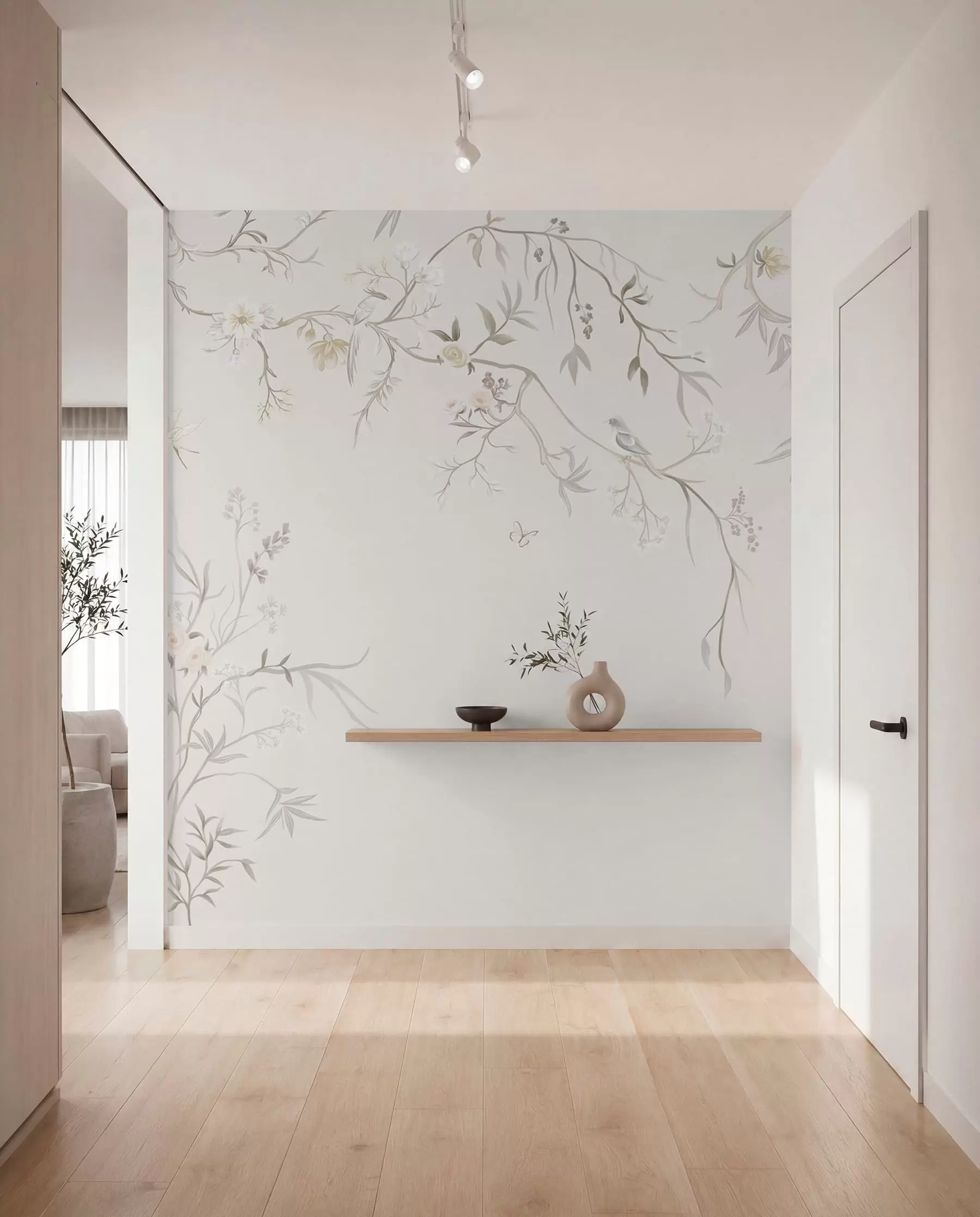 Fototapet Delikata blommor och fåglar på en kritvit bakgrund w05127