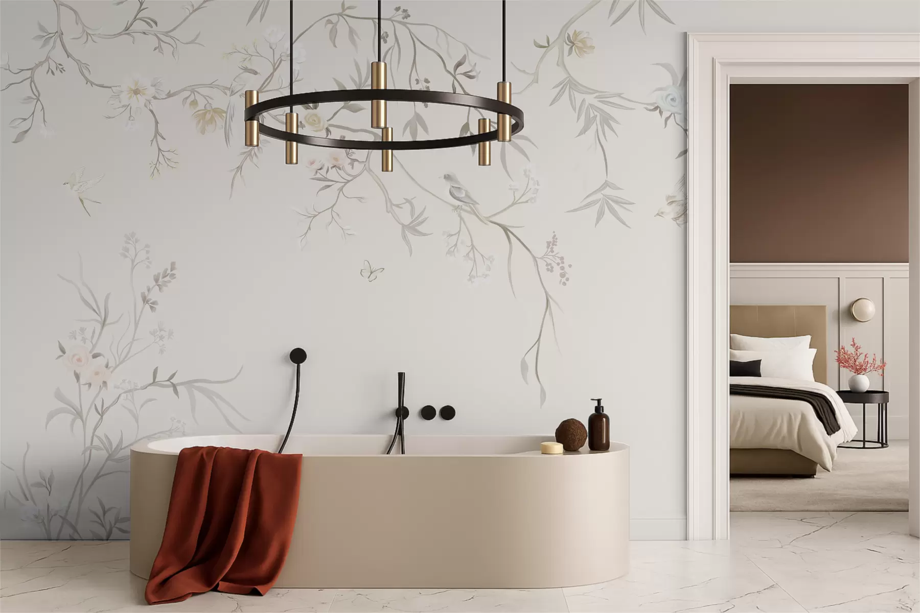 Fototapet Delikata blommor och fåglar på en kritvit bakgrund w05127