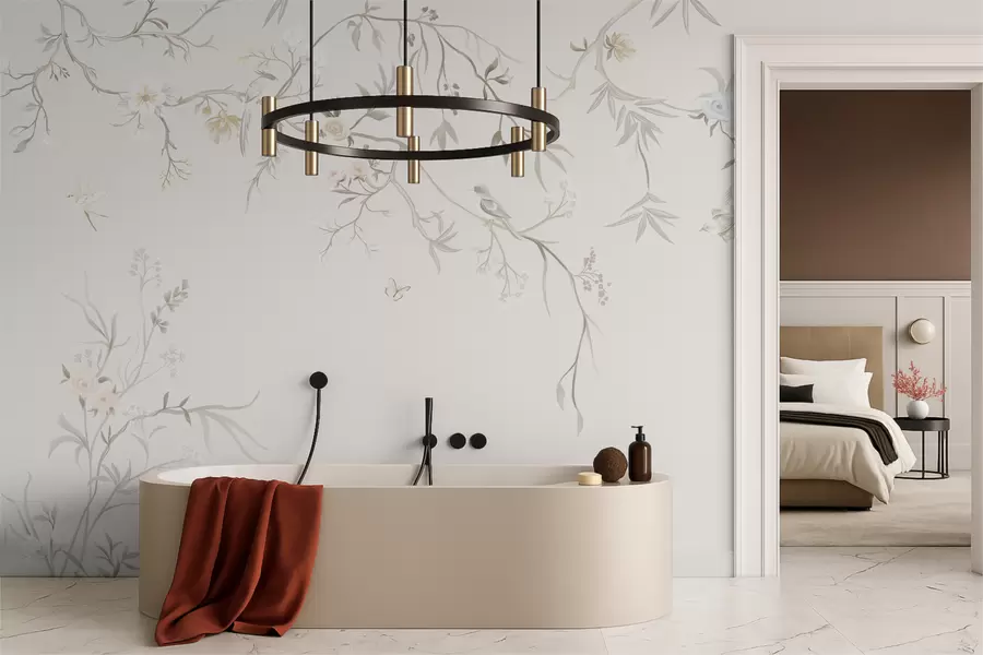 Fototapet Delikata blommor och fåglar på en kritvit bakgrund w05127