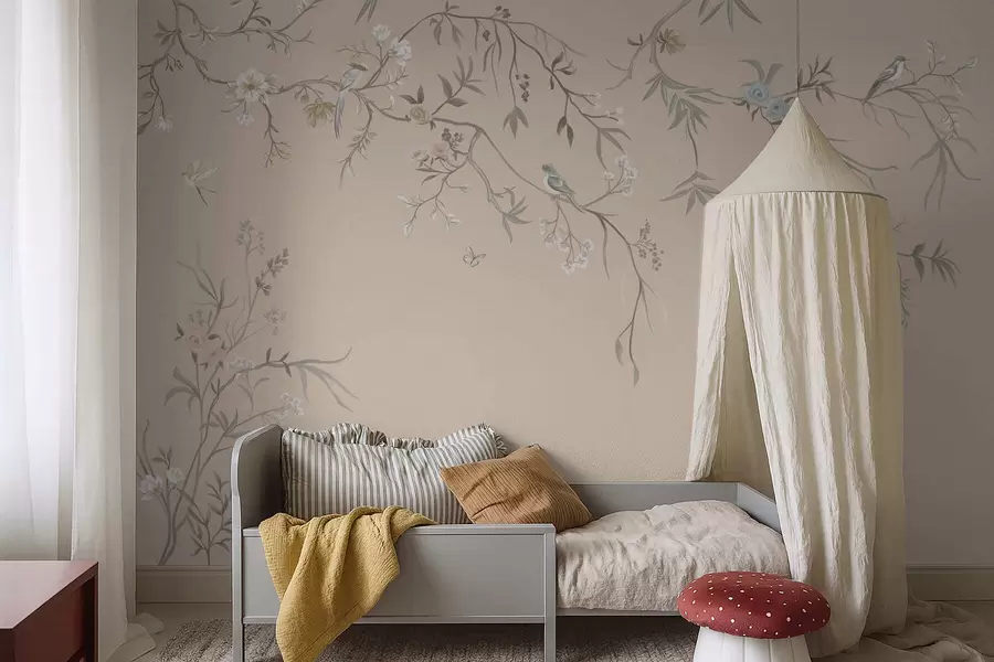 Fototapet Blommiga grenar med fåglar på varm beige bakgrund w05127v1