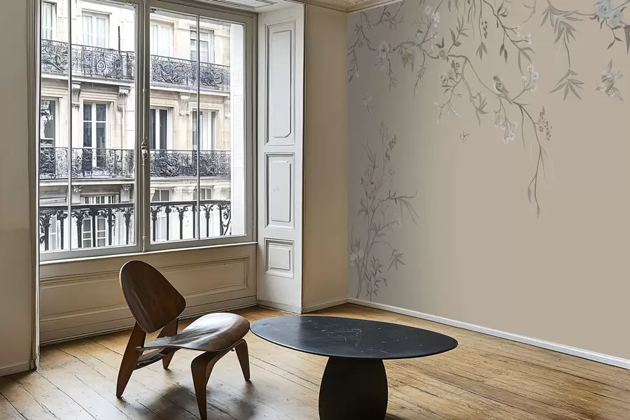 Fototapet Blommiga grenar med fåglar på varm beige bakgrund w05127v1