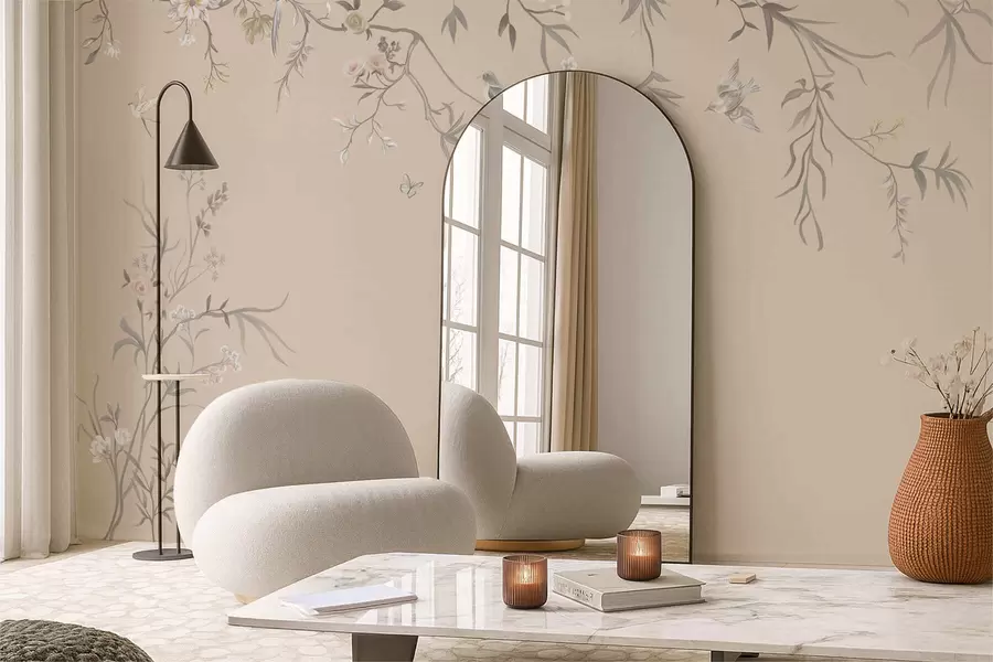 Fototapet Blommiga grenar med fåglar på varm beige bakgrund w05127v1