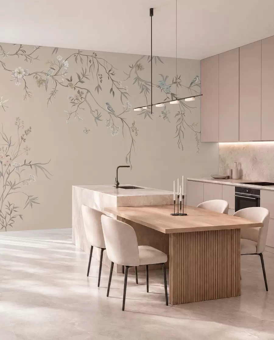 Fototapet Blommiga grenar med fåglar på varm beige bakgrund w05127v1