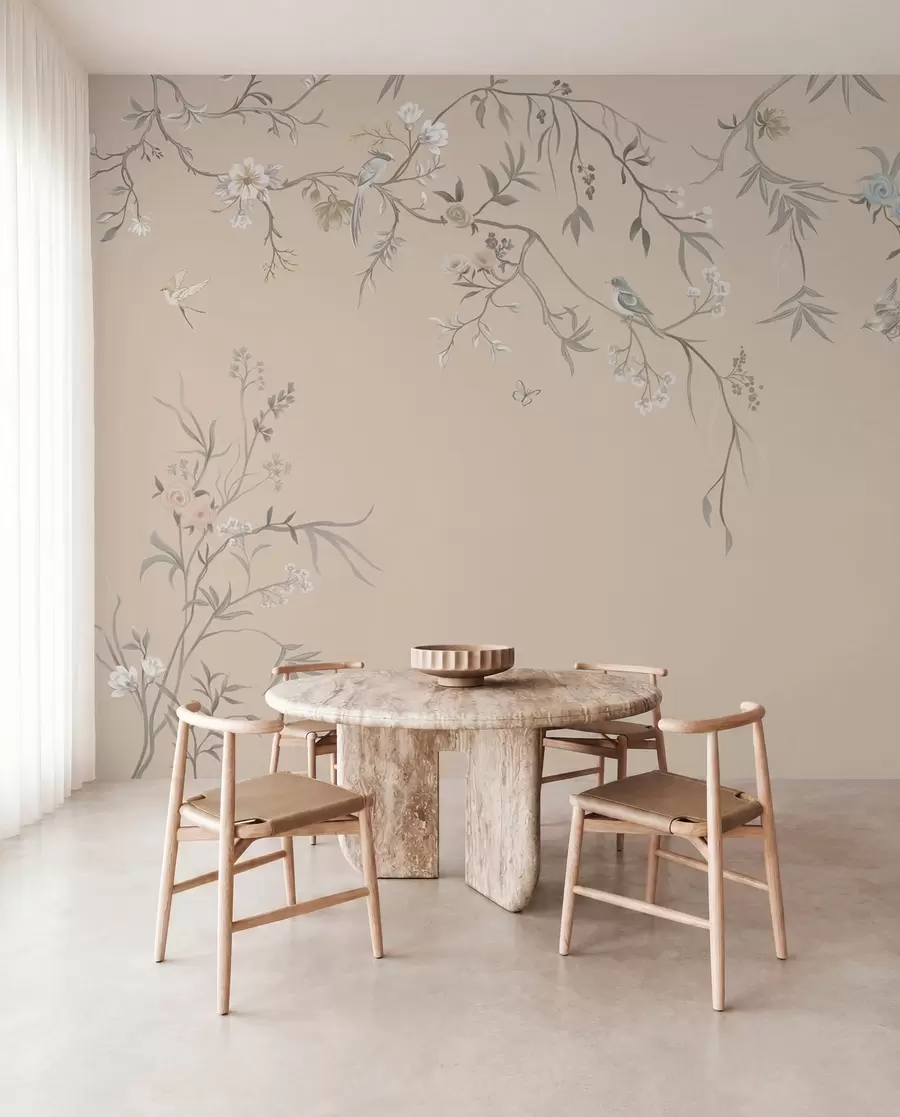 Fototapet Blommiga grenar med fåglar på varm beige bakgrund w05127v1