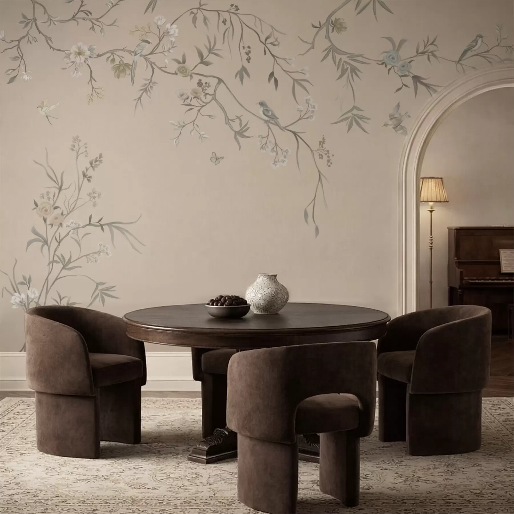 Fototapet Blommiga grenar med fåglar på varm beige bakgrund w05127v1