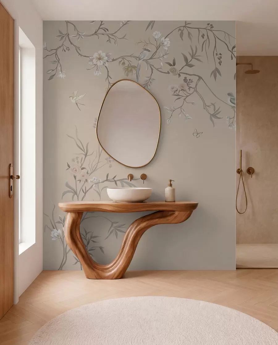 Fototapet Blommiga grenar med fåglar på varm beige bakgrund w05127v1