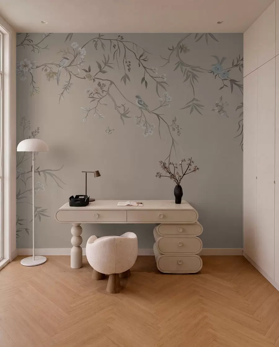 Fototapet Blommiga grenar med fåglar på varm beige bakgrund w05127v1