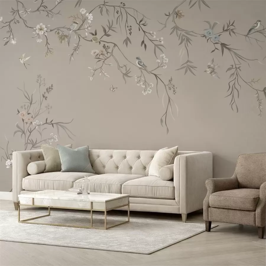 Fototapet Blommigt ornament med fåglar på neutral bakgrund w05127v3