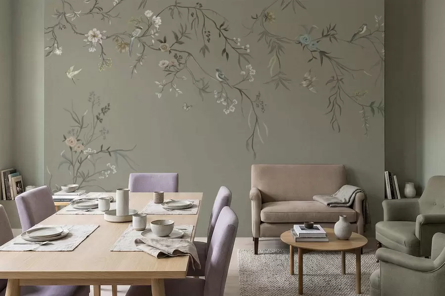 Fototapet Blommotiv med fåglar på grå bakgrund w05127v4