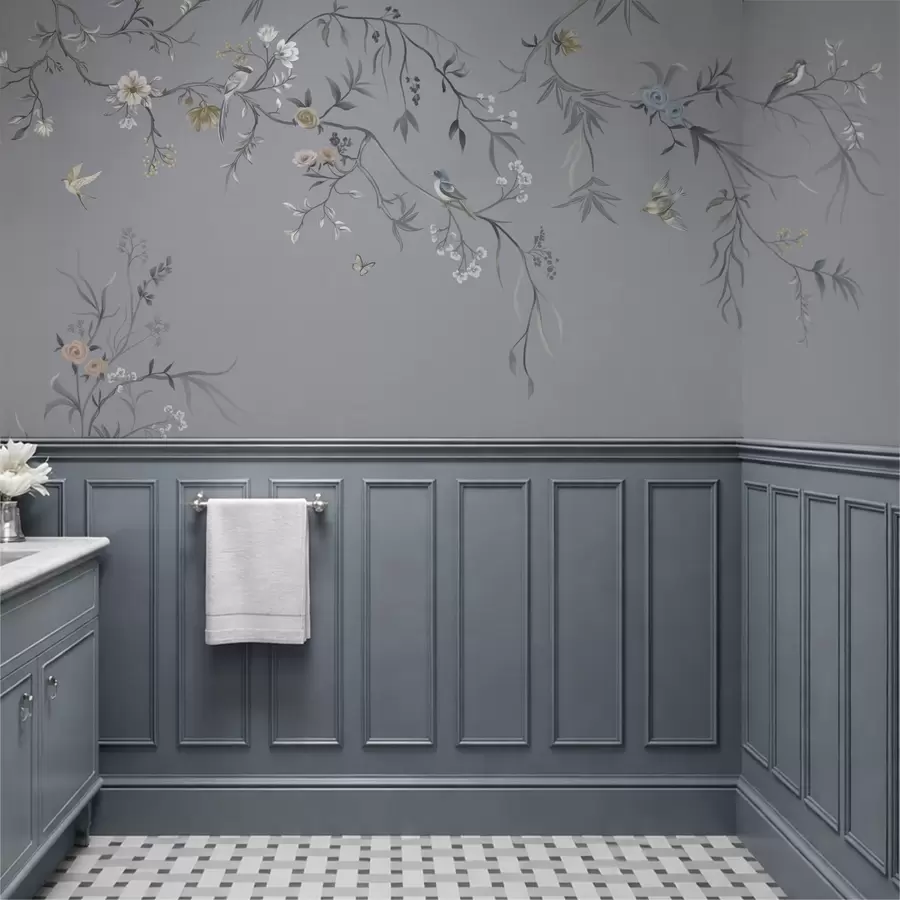 Fototapet Blommiga grenar med fåglar på grönaktig bakgrund w05127v5