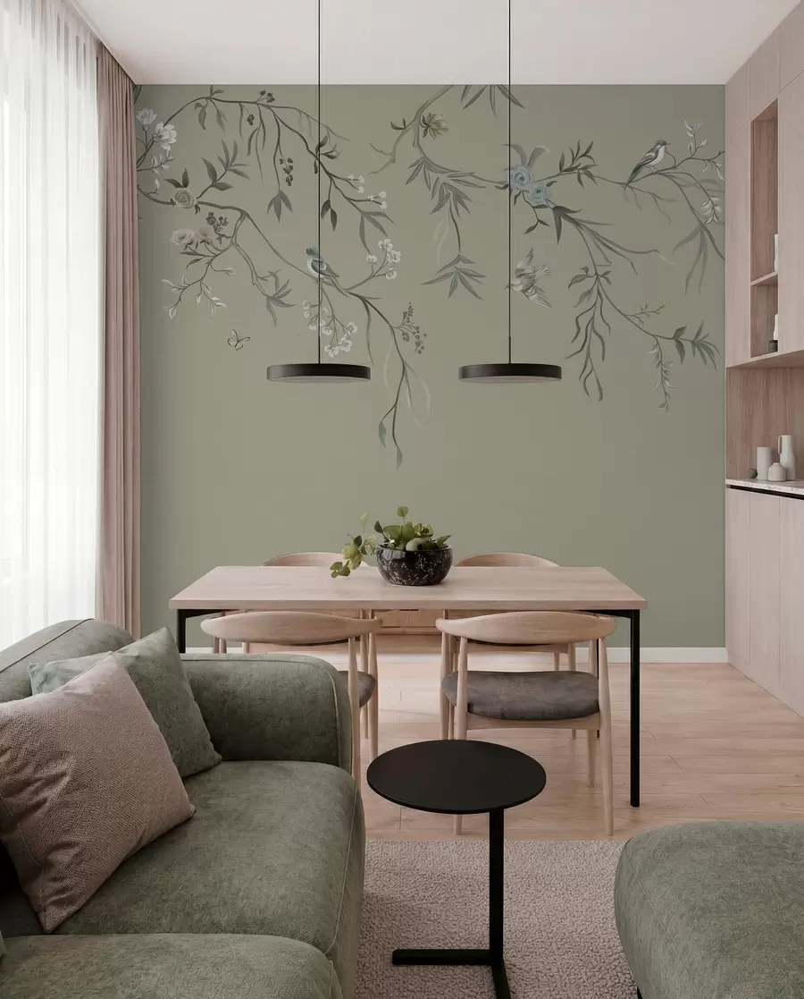 Fototapet Blommönster med fåglar på sval bakgrund w05127v6