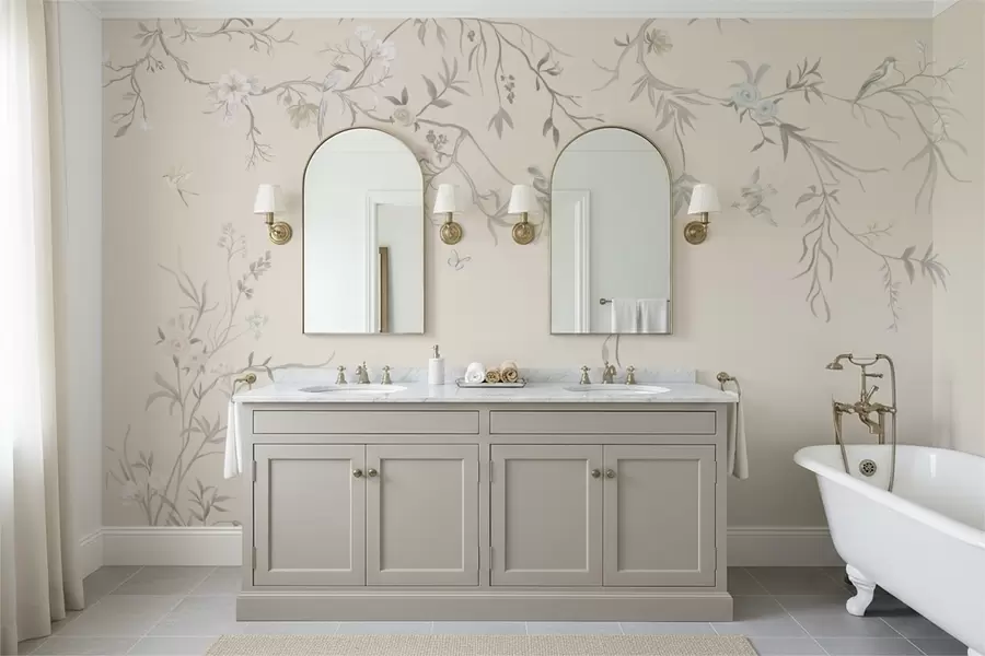 Fototapet Blommiga grenar med fåglar på en ljus bakgrund w05127v7