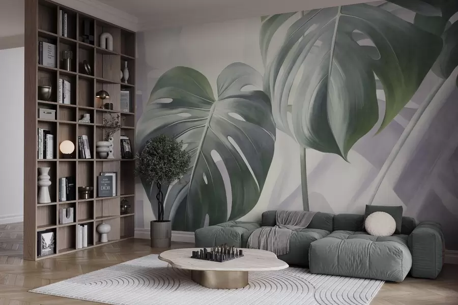 Fototapet Strukturerade monstera-blad, stora och gröna, mot en mjuk, ljus abstrakt bakgrund w09477