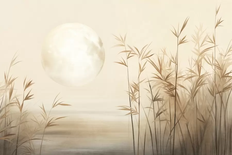 Fototapet Strukturerat landskap med höga vassruggar, sjö och blek måne i en disig himmel w09631