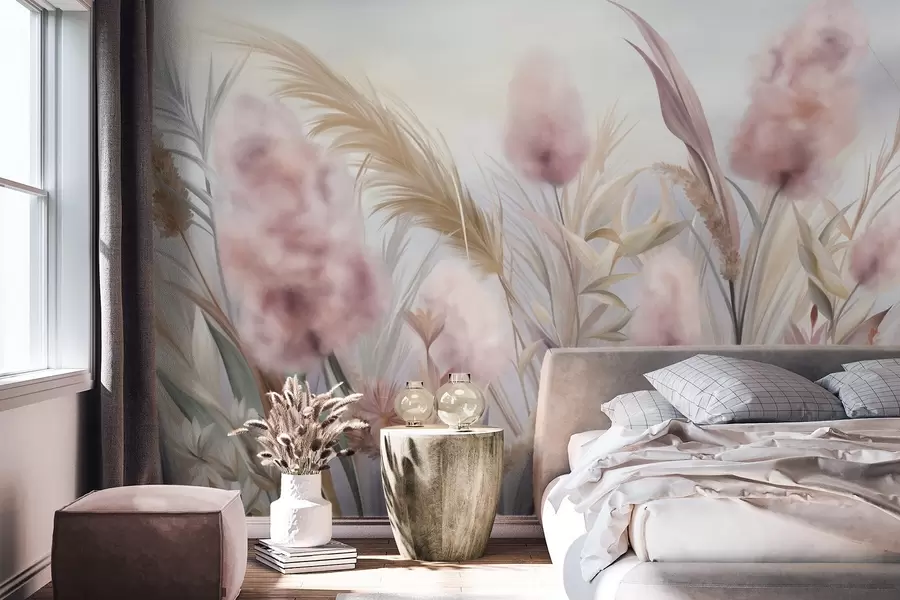 Fototapet Rosa och beige pampasgräs och andra torkade blommor med en mjuk, disig himmel i bakgrunden w09635