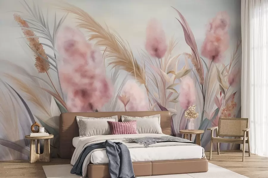 Fototapet Rosa och beige pampasgräs och andra torkade blommor med en mjuk, disig himmel i bakgrunden w09635