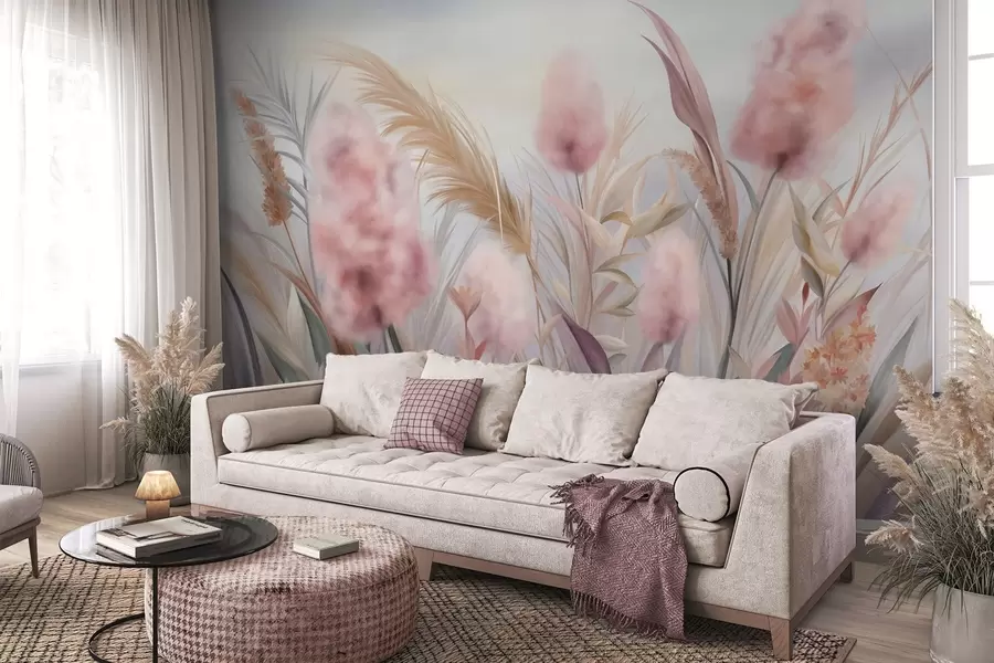 Fototapet Rosa och beige pampasgräs och andra torkade blommor med en mjuk, disig himmel i bakgrunden w09635