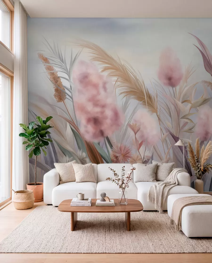 Fototapet Rosa och beige pampasgräs och andra torkade blommor med en mjuk, disig himmel i bakgrunden w09635