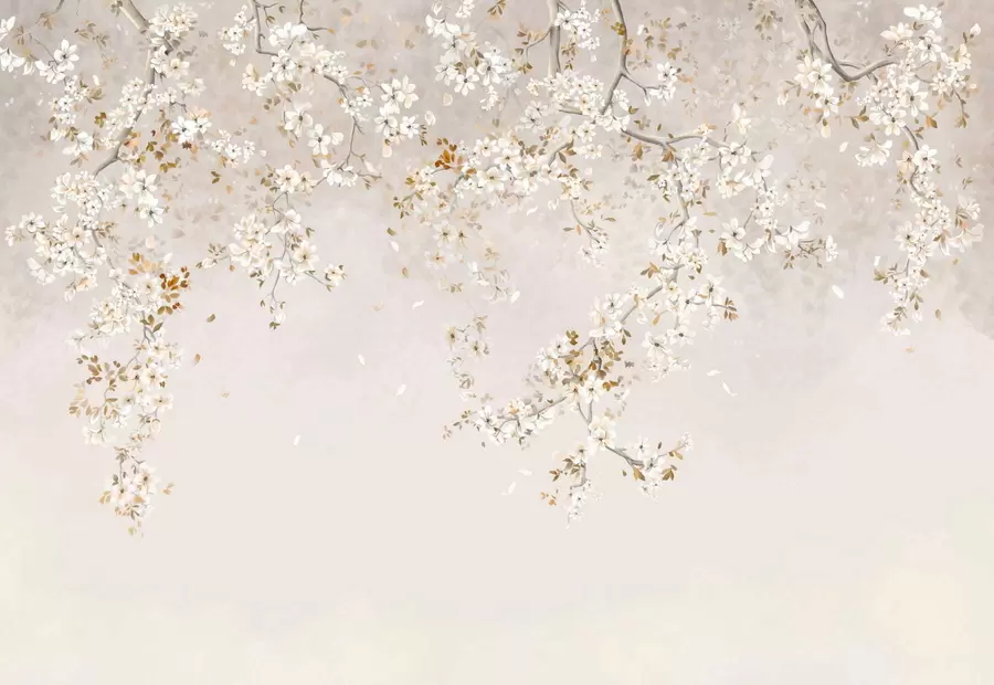 Fototapet Grenar med vita blommor på en mjuk beige bakgrund w05129