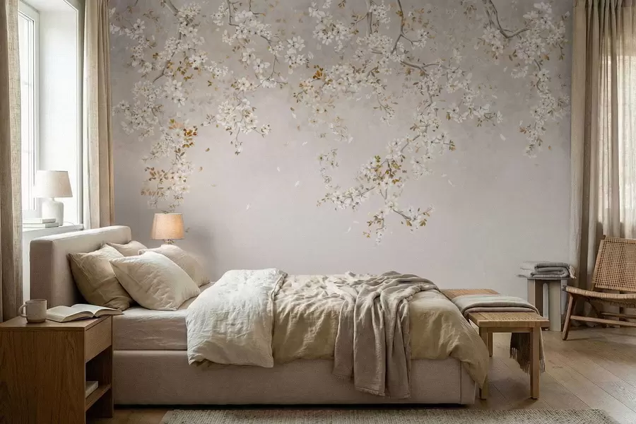 Fototapet Grenar med vita blommor på en mjuk beige bakgrund w05129