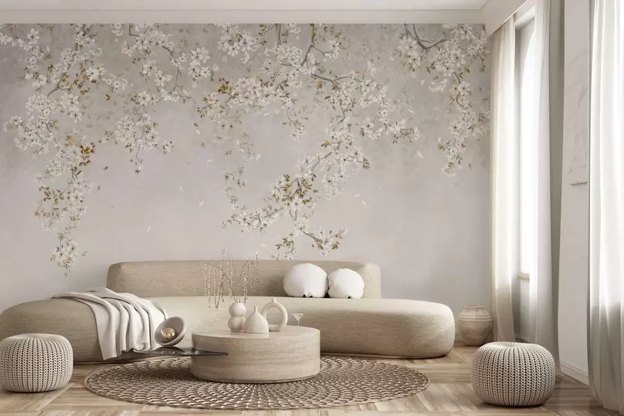 Fototapet Grenar med vita blommor på en mjuk beige bakgrund w05129