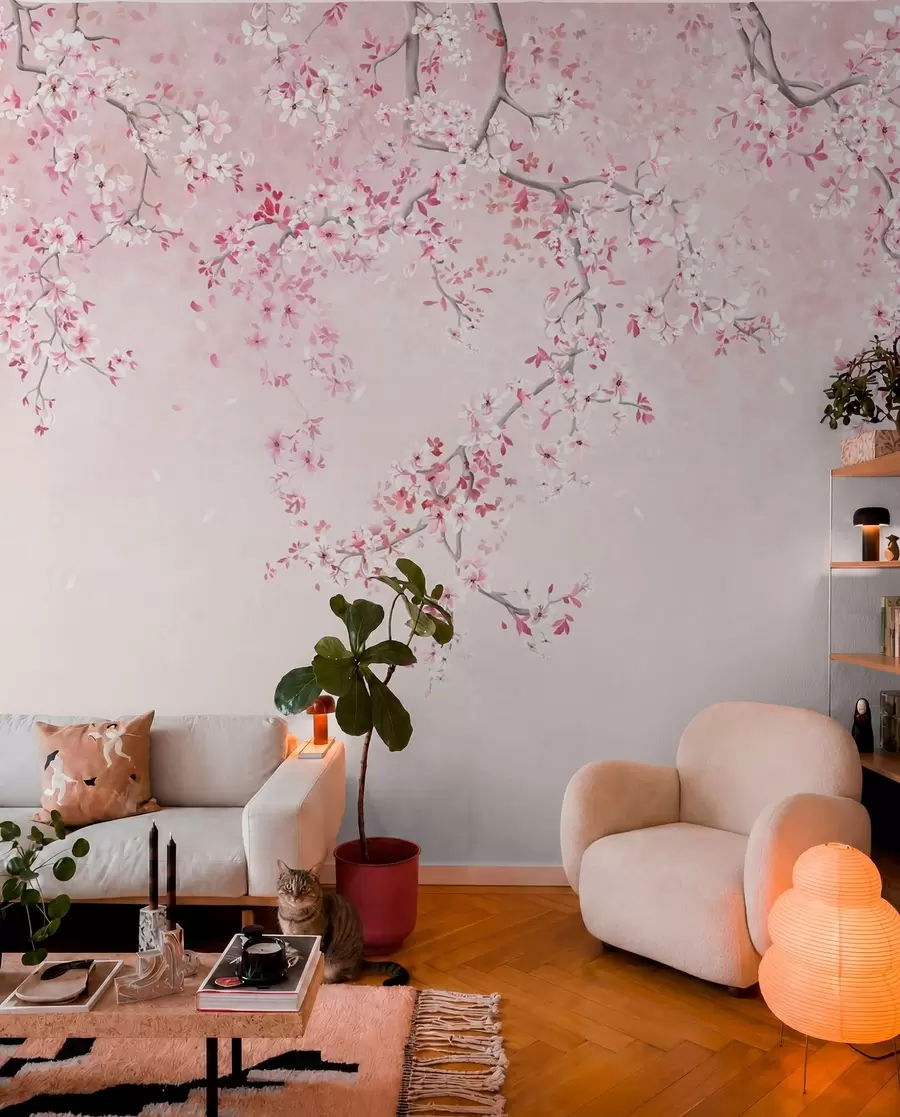 Fototapet Grenar med rosa blommor på en mjuk pastellbakgrund w05129v1