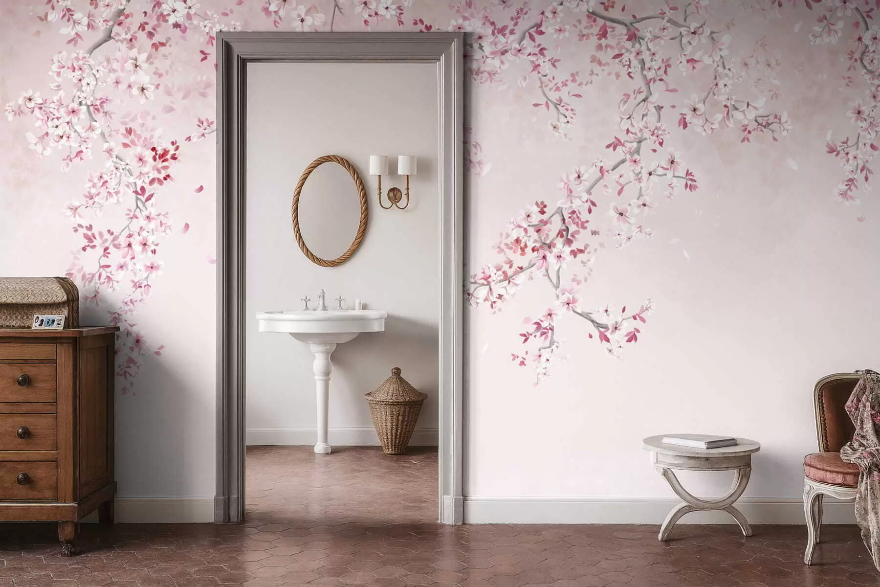 Fototapet Grenar med rosa blommor på en mjuk pastellbakgrund w05129v1