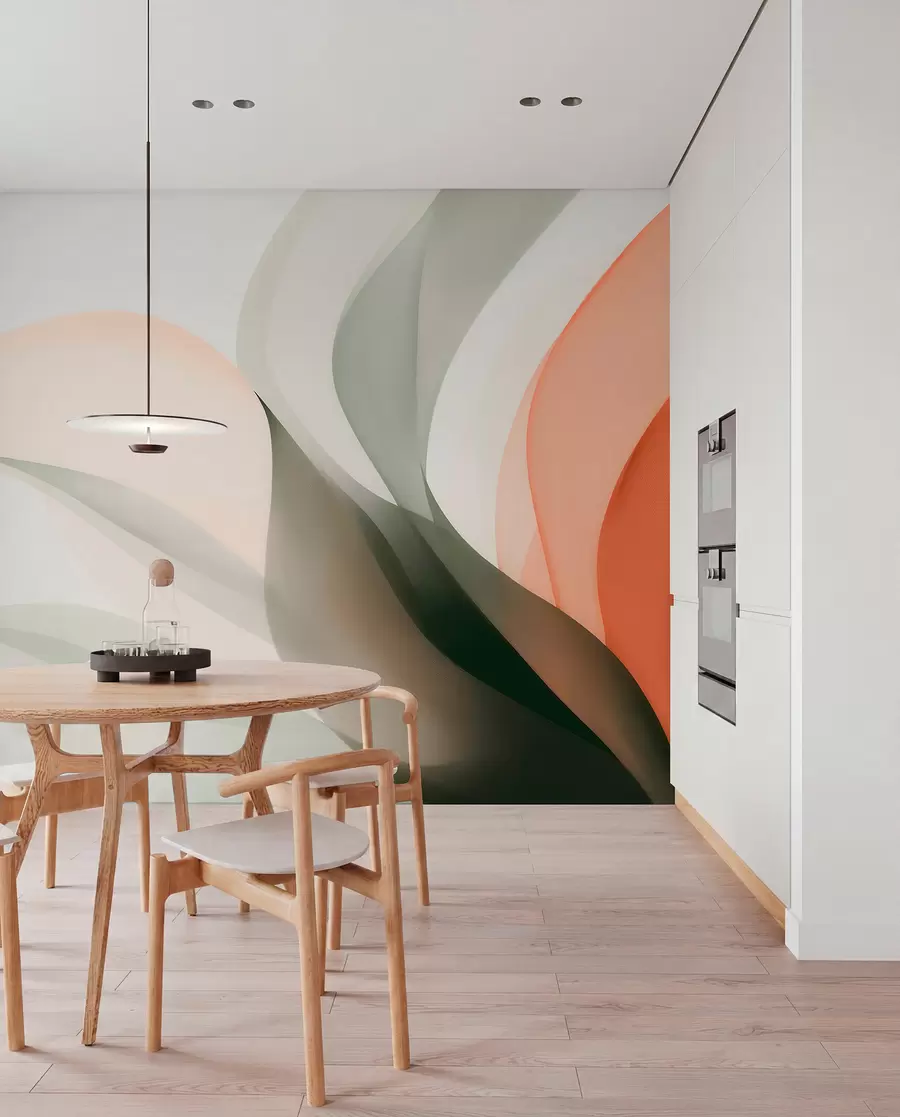 Fototapet Abstrakta pastellvågor i orange och gröna toner w09718