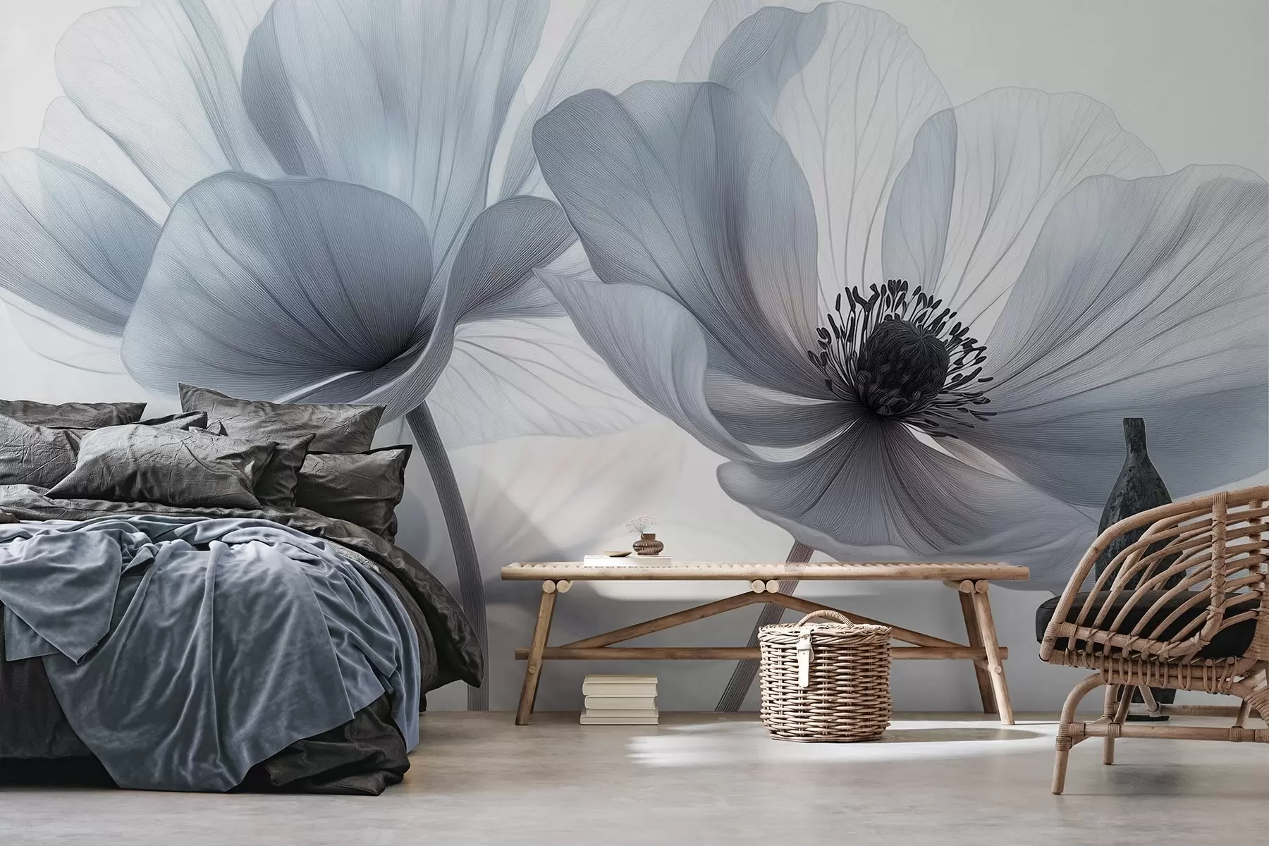 Fototapet Genomskinliga blåvita blommor på ljus bakgrund w09720