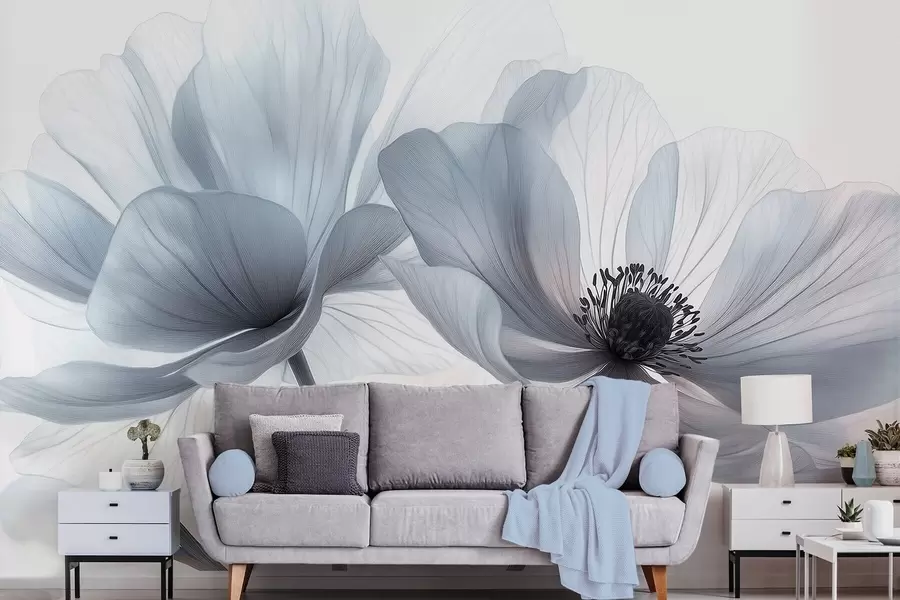 Fototapet Genomskinliga blåvita blommor på ljus bakgrund w09720