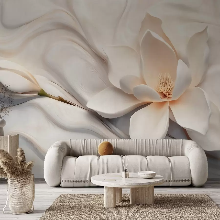 Fototapet Tredimensionell vit magnolia med marmorimitation i relief w09729