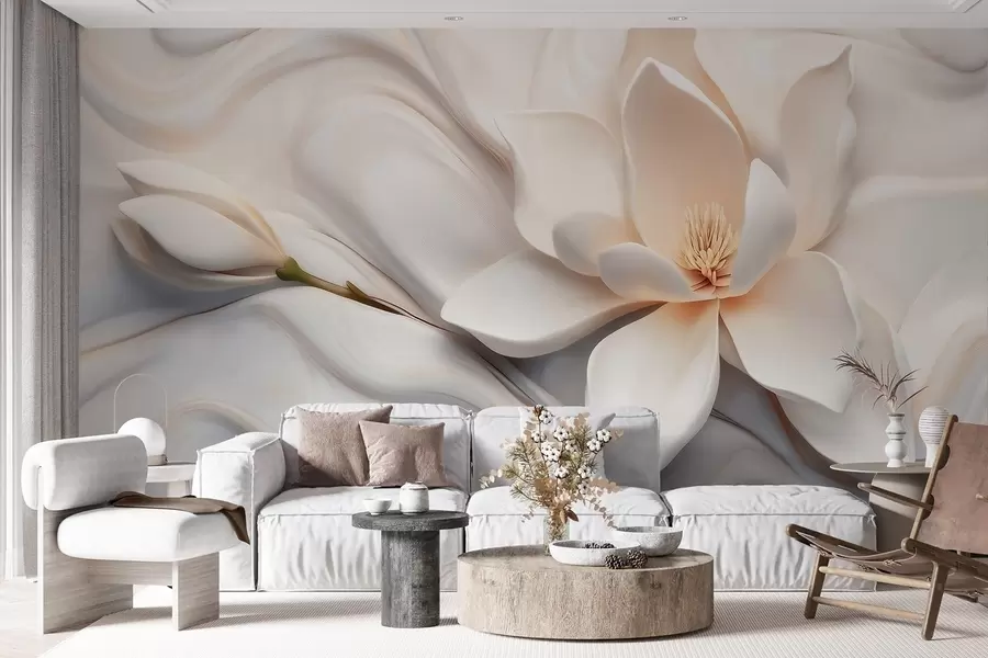 Fototapet Tredimensionell vit magnolia med marmorimitation i relief w09729