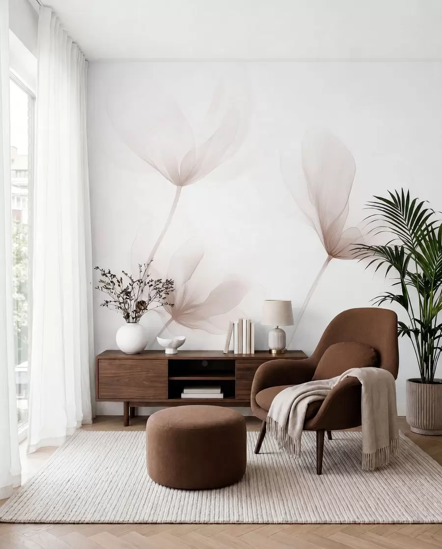 Fototapet Luftiga beige blommor i minimalistisk, ljus stil w09734