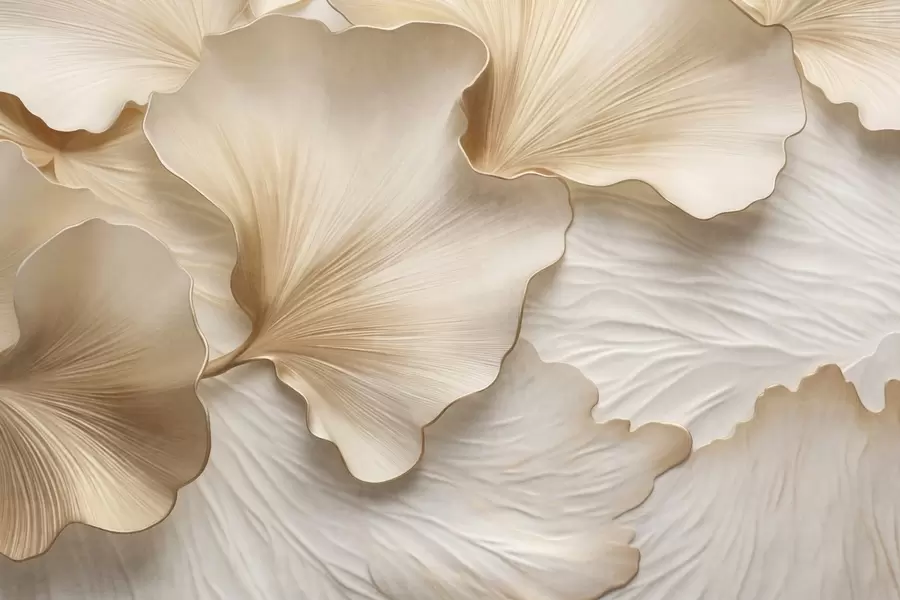 Fototapet Strukturerade, beige och vita ginkgoblad med delikat organiskt tryck w09741