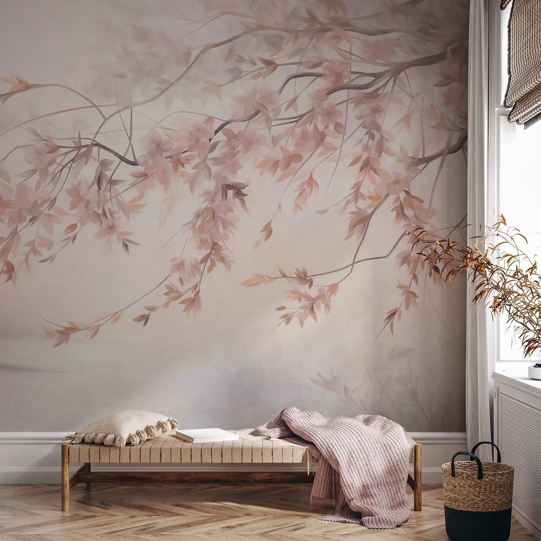 Fototapet Strukturerat landskap med körsbärsblomgren, rosa löv, mjuk, dimmig bakgrund w09743