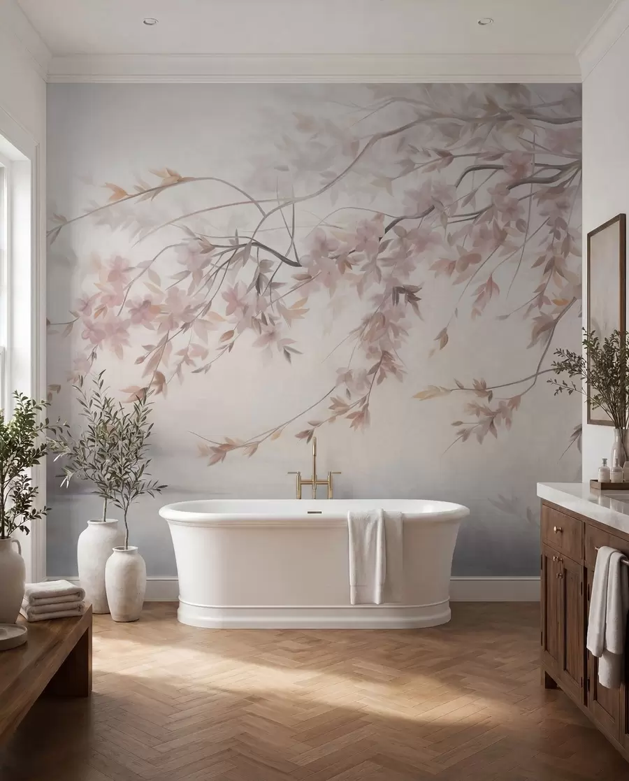 Fototapet Strukturerat landskap med körsbärsblomgren, rosa löv, mjuk, dimmig bakgrund w09743