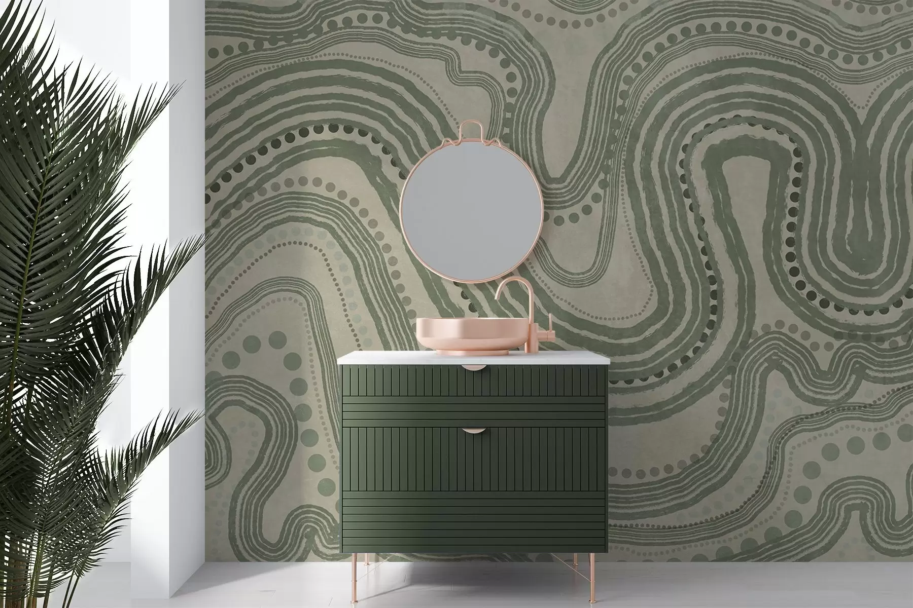 Fototapet Abstrakta gröna och beige vågiga linjer och prickar, modern texturerad konst w09747