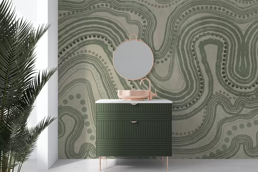 Fototapet Abstrakta gröna och beige vågiga linjer och prickar, modern texturerad konst w09747