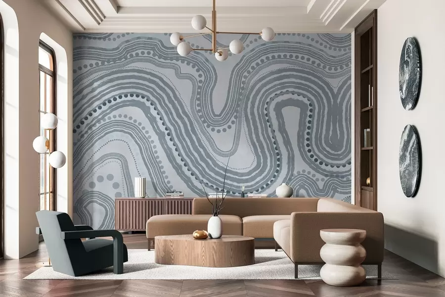 Fototapet Abstrakta blå vågiga linjer och prickar, modern texturerad konst w09747v3