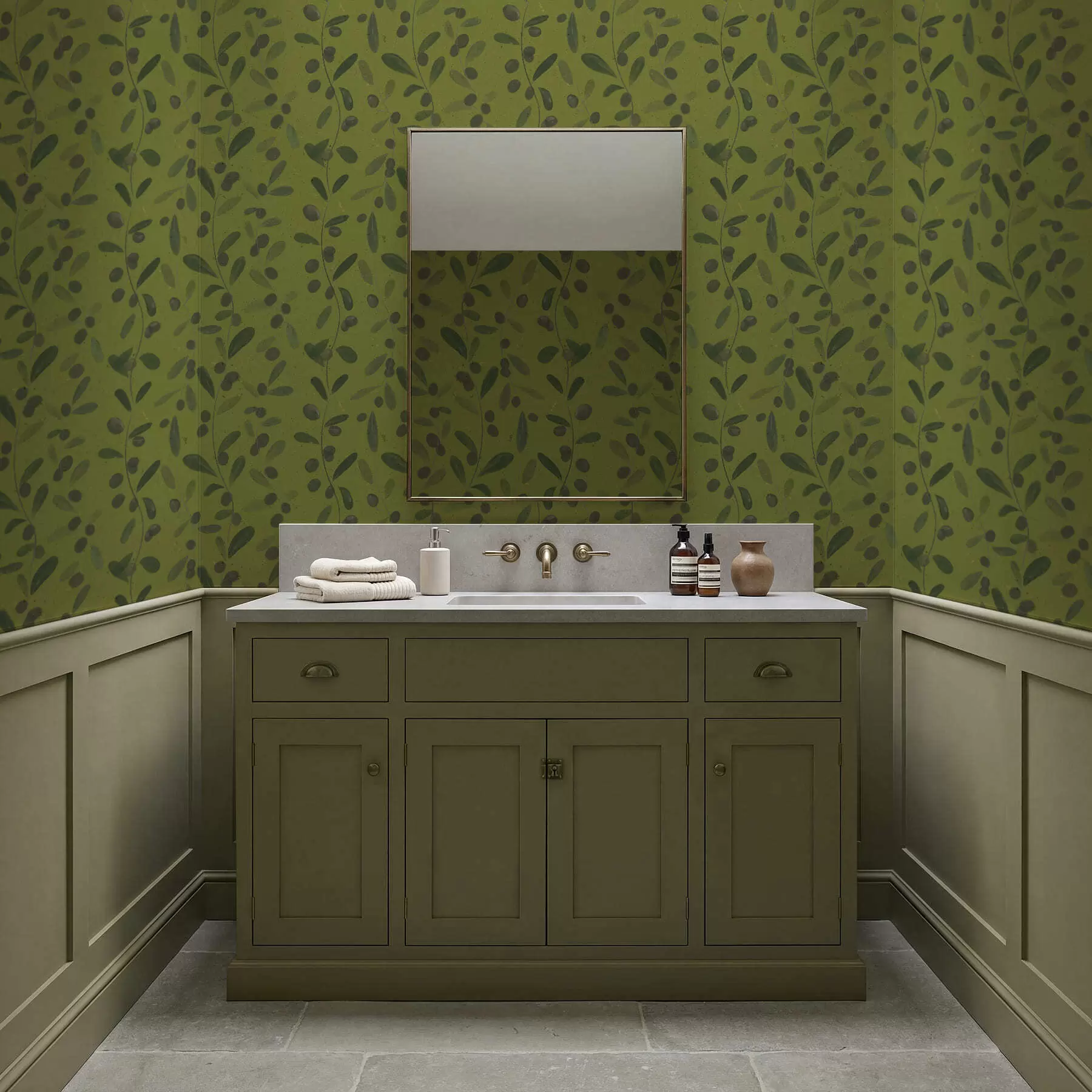 Fototapet Gröna grenar med blad och bär på olivträd a01113