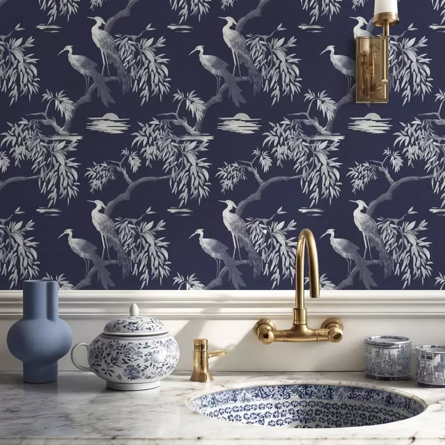 Fototapet Fåglar på gren mot mörkblå bakgrund a01116v1