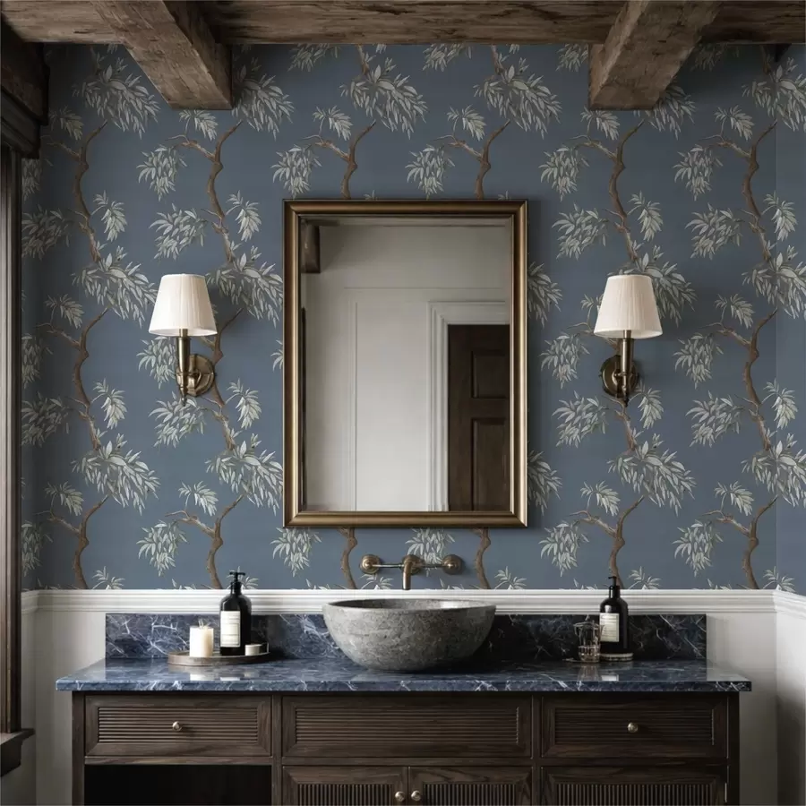 Fototapet Trädgren med löv på blå bakgrund a01117