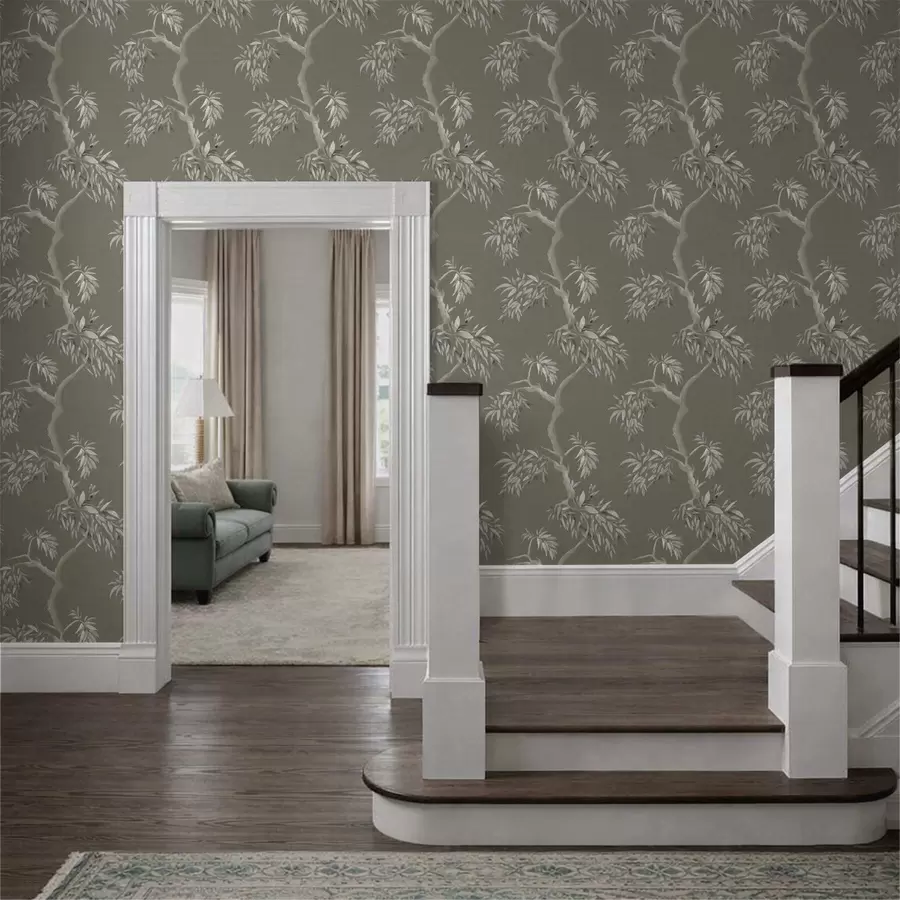 Fototapet Ljus gren med blad på olivgrön bakgrund a01117v1